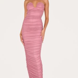 Blush Rose Mesh Ruched Bandeau Maxi Dress