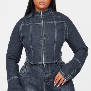 Plus Indigo Blue Wash Zip Up Cuff Detail Denim Jacket