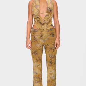 Olive Floral Print Devore Slim Flare Trousers