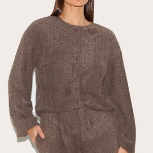 Brown Textured Button Up Long Sleeve Cardigan