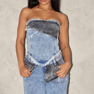 Mid Blue Acid Wash Layered Raw Hem Bandeau Denim Top