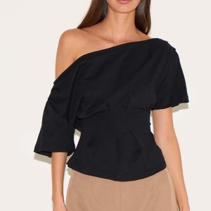 Black Cinched Waist Structured T Shirt