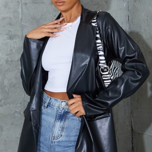 Black PU Pocket Look Double Button Blazer