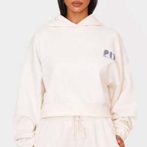 Petite Cream Printed Boxy Hoodie