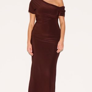Plus Dark Chocolate Double Layer Slinky Asymmetric Ruched Sleeve Maxi Dress