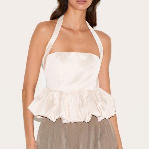 Cream Halterneck Puff Ball Top