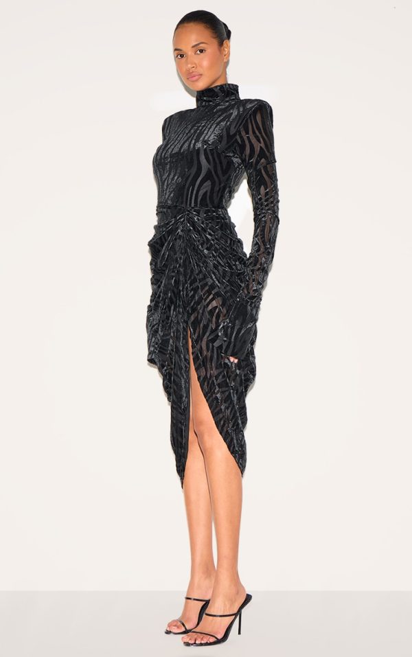 0668dbf42b70e95c67de37390a2b1be2b30f74a1_CNH0081_3_black_zebra_print_devore_high_neck_draped_midi_dress