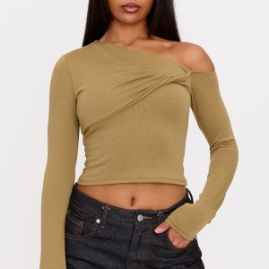 Olive Contour Jersey Asymmetric Twist Detail Long Sleeve Top