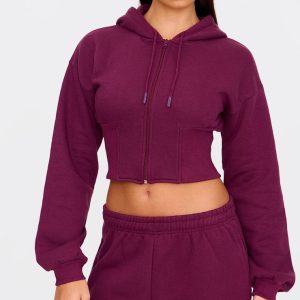 Burgundy Cinched Waist Cropped Zip Up Hoodie