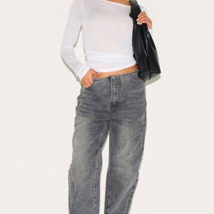 Petite Grey Denim Mid Rise Invisible Waistband Wide Leg Jeans