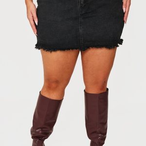 Plus Black Washed Raw Hem Mini Skirt