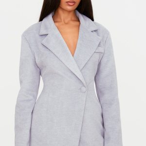 Grey Wool Look Cinched Waist Blazer Dress