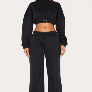 Petite Black Wide Leg Seam Detailed Joggers