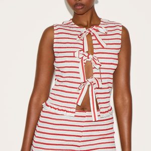 Tomato Red Stripe Tie Front Extreme Shirred Top