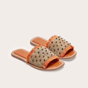 Orange Wide Fit Round Toe Raffia Fringed Diamante Woven Flat Mule Sandals
