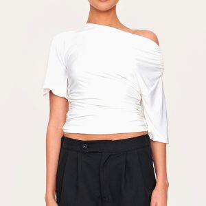 Cream Slinky Slouchy Asymmetric Long Top