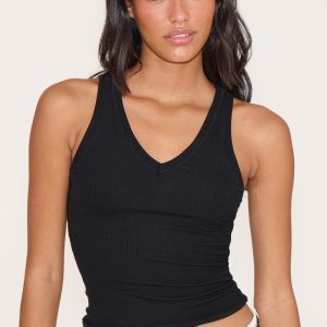 Black Soft Rib V Neck Vest Top
