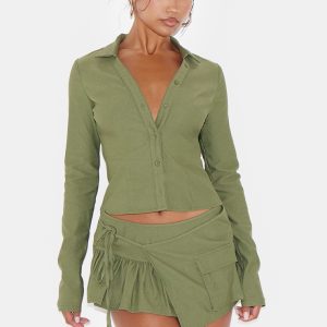 Khaki Woven Long Sleeve Cargo Shirt