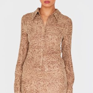 Brown Distressed Faux Suede Fitted Shirt