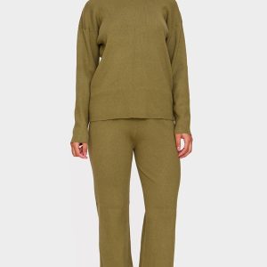 Khaki Light Rib Knit Wide Leg Trousers