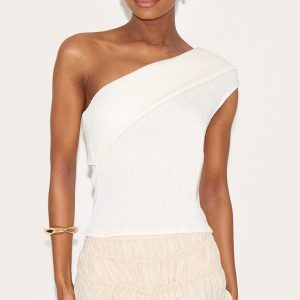 Cream Textured Fold Over One Shoulder Long Top
