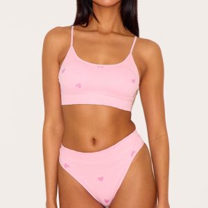 Pink Heart Print Ribbed Scoop Neck Bralette