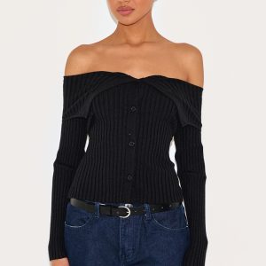 Black Rib Knit Fold Over Button Up Top