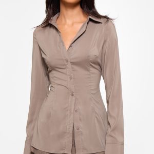 Brown Chiffon Fitted Shirt