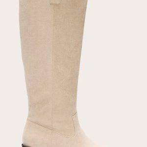 Cream Faux Suede Point Toe Western Knee High Boots