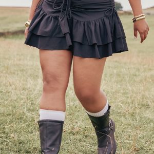 Plus Black Ruched Ruffle Detail Mini Skirt