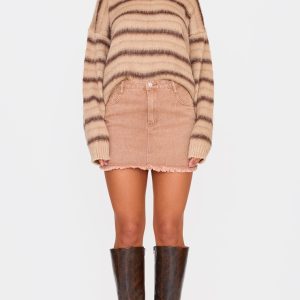 Washed Taupe Raw Hem Denim Mini Skirt