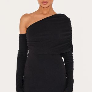 Black Rib Asymmetric Bardot Long Sleeve Bodycon Dress