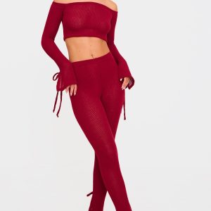 Cherry Red Sheer Soft Rib Split Hem Tie Detail Leggings