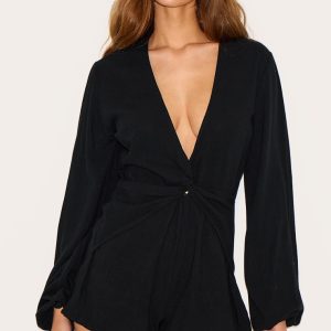 Black Long Sleeve Plunge Twist Detail Playsuit