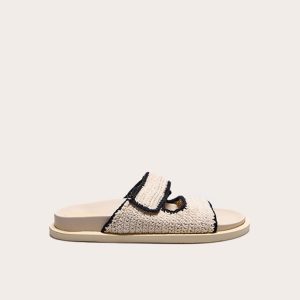 Cream Contrast Round Toe Crochet Velcro Strap Flat Footbed Sandals