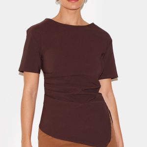 Chocolate Bengaline Ruched Asymmetric Detail Long Top
