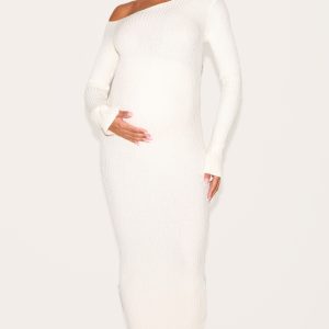 Maternity Cream Asymmetric Long Sleeve Rib Knit Maxi Dress