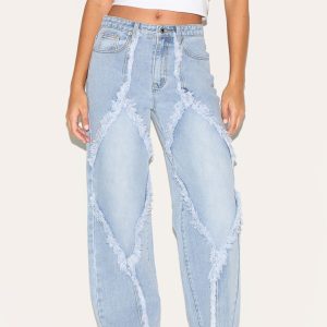 Tall Light Blue Wash Mid Rise Raw Seam Detail Wide Leg Jeans