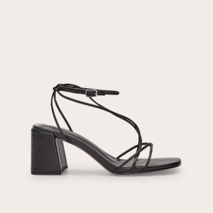 Black Pu Round Toe Strappy Mid Block Heel Sandals