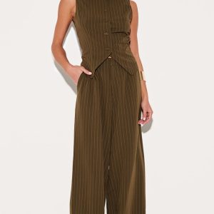 Khaki Tailored Woven Pinstripe Wide Leg Trousers