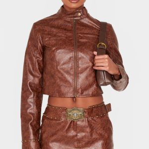 Brown Faux Leather Tie Detail Studded Biker Jacket