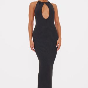 Black Fine Knit Halterneck Maxi Dress