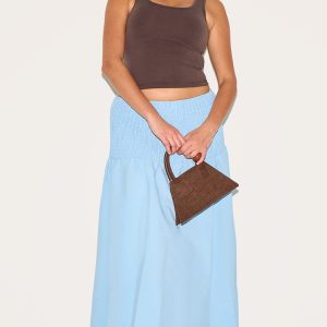 Plus Baby Blue Shirred Waist Cotton Poplin Maxi Skirt