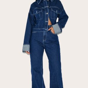 Petite Indigo Denim Turn Up Wide Leg Jeans