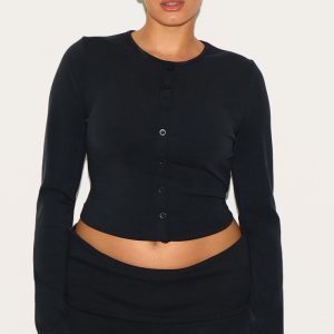 Plus Black Modal Button Detail Long Sleeve Top