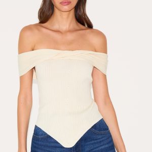 Cream Rib Knit Twist Bardot Button Through Top