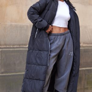 PRETTYLITTLETHING Black Text Front Maxi Puffer Coat