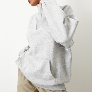 Ash Grey Half Zip Oversized Contrast Piping Sweatshirt