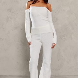 Petite Cream Knitted High Waisted Flares