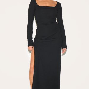 Petite Black Ribbed Long Sleeve Maxi Dress